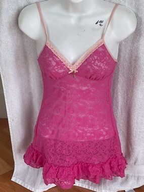 Victoria's Secret Hot Pink Lace Chemise with Pale Pink Trim